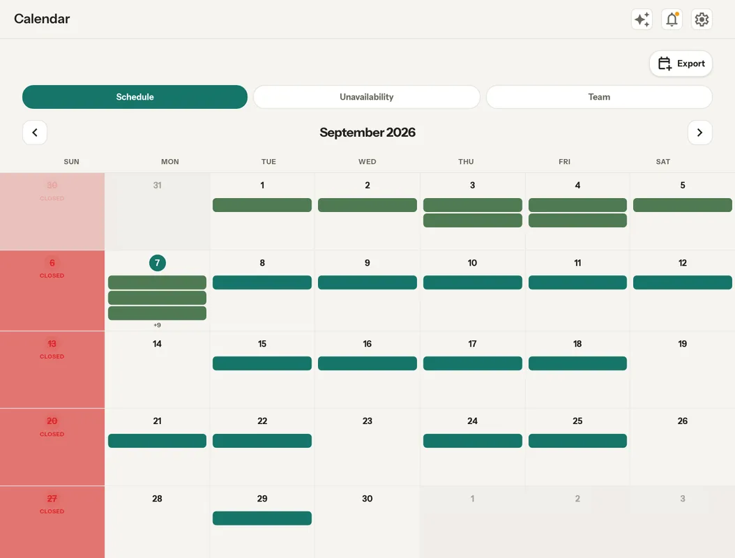 The calendar, a month of jobs laid out