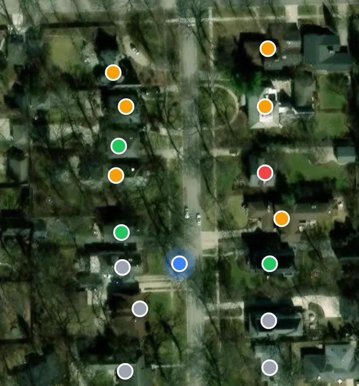 The canvassing map, every door pinned by what happened at it