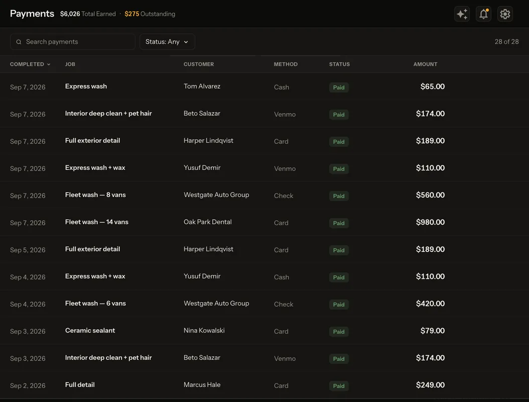 The payments screen: every invoice, what it is worth and whether it is paid