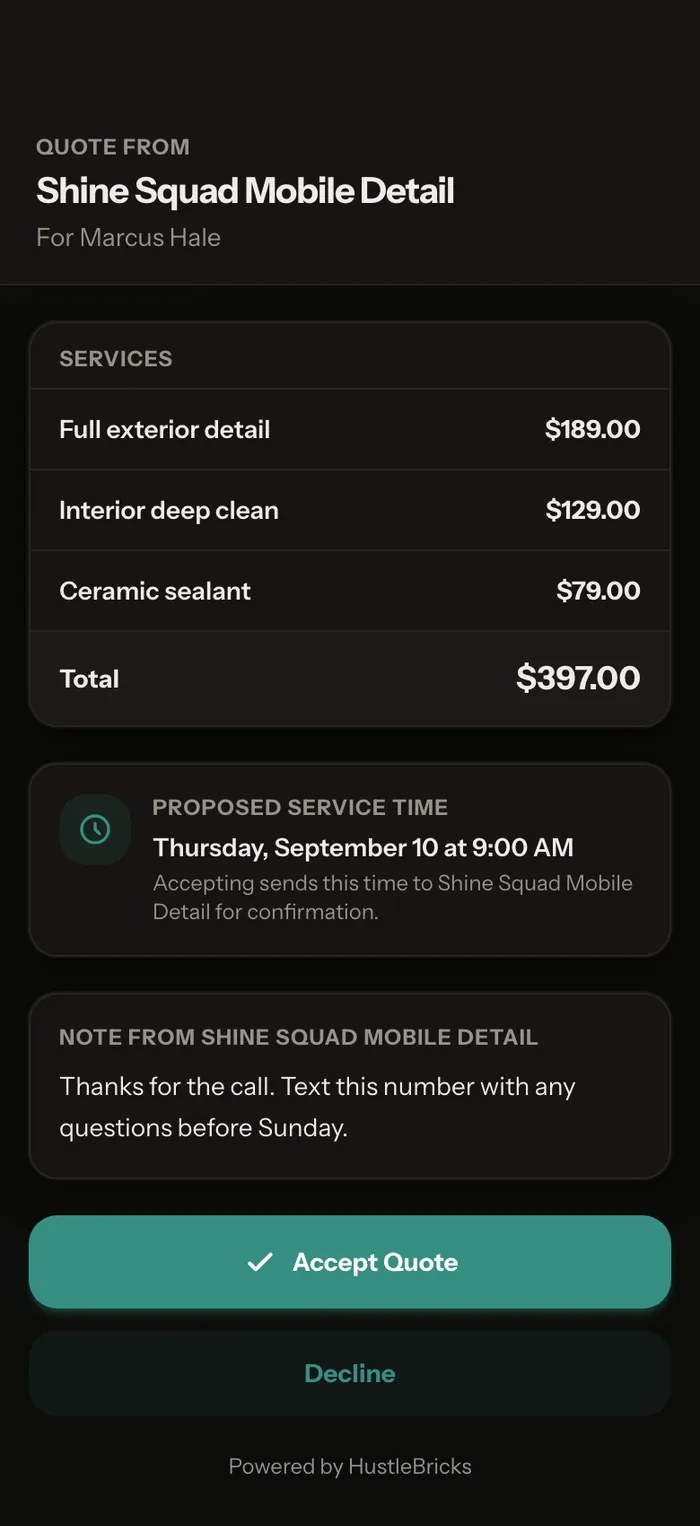The quote your customer opens from the text, with Accept at the bottom