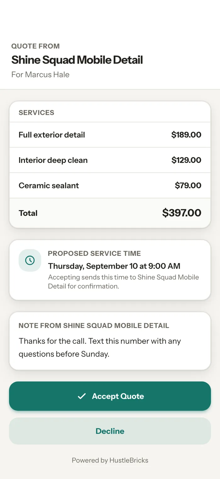 The quote your customer opens from the text, with Accept at the bottom